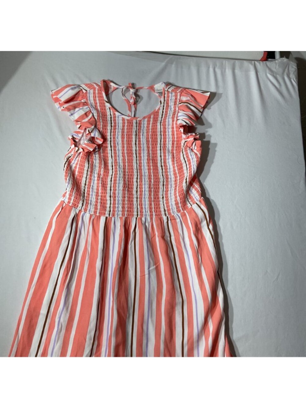 A new day Striped Coral & White Midi Dress size M With Ruffle Sleeves Smocked - Picture 7 of 11